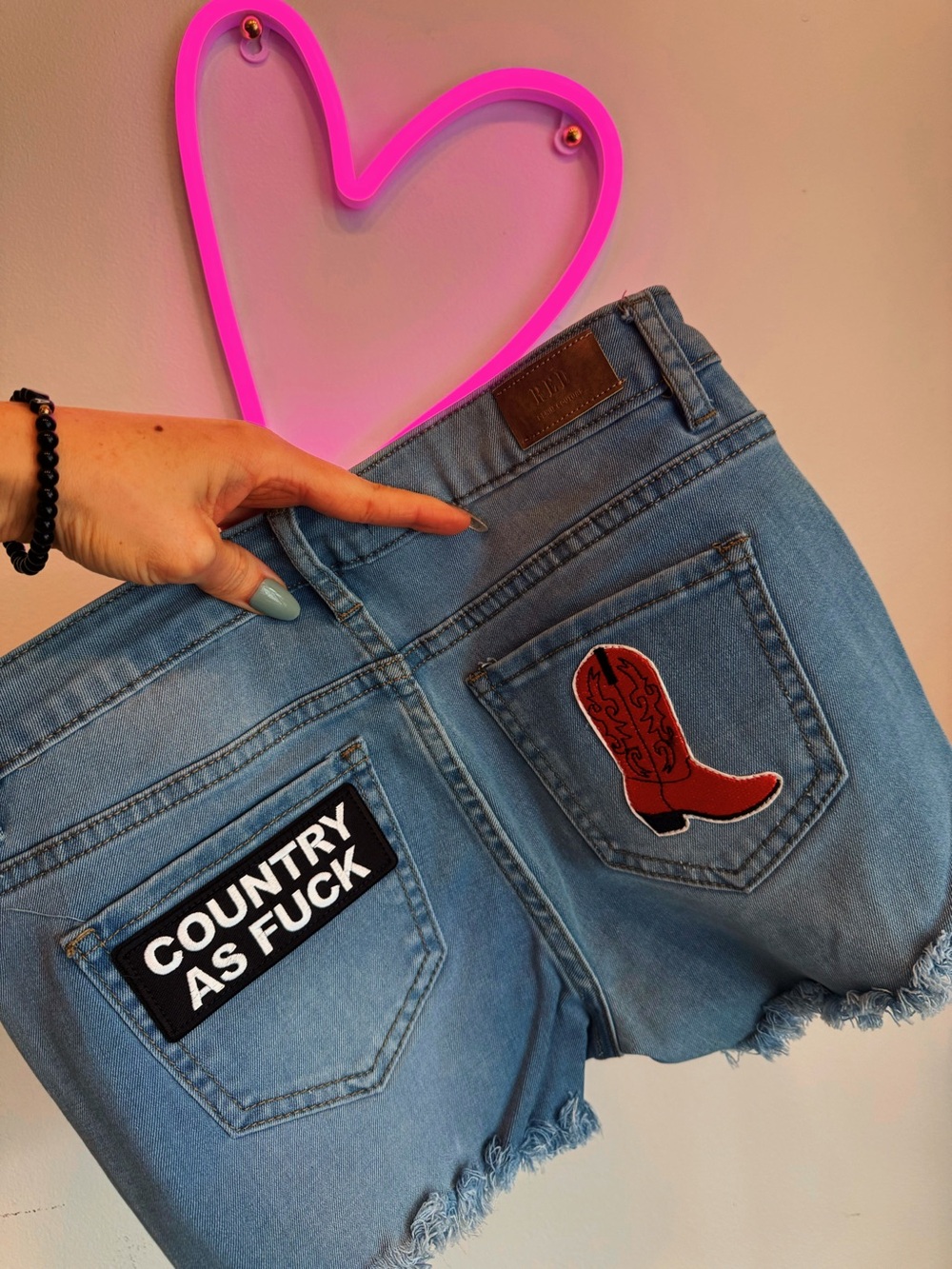 Mid Rise Light Blue Denim Shorts with Embroidered Patches